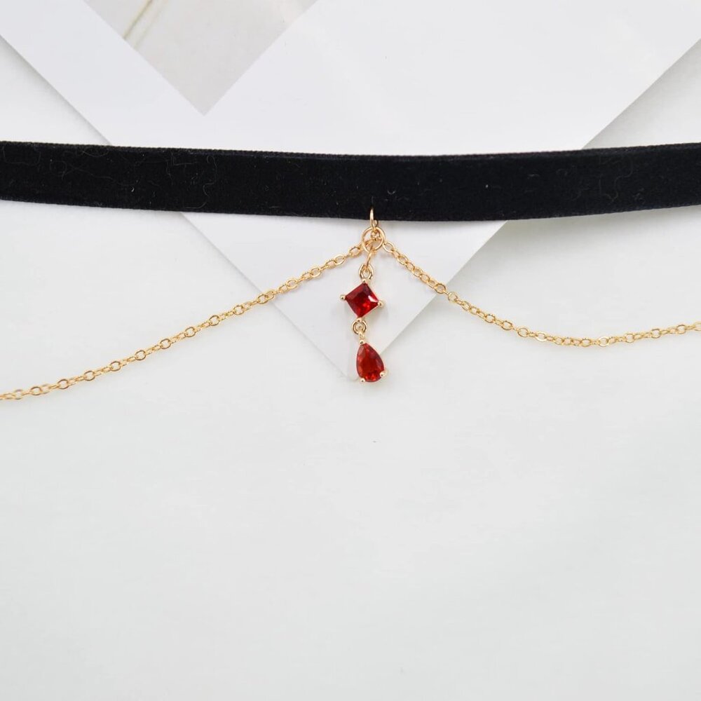 Black Velvet Red Pendant Choker Necklace for Women Gothic Lace Chokers Necklace - Picture 4 of 6